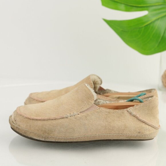 OluKai Womens Nohea Slip On Shoe Size 5 Tan Suede Sherpa Slipper Wool Shearling - Picture 6 of 12